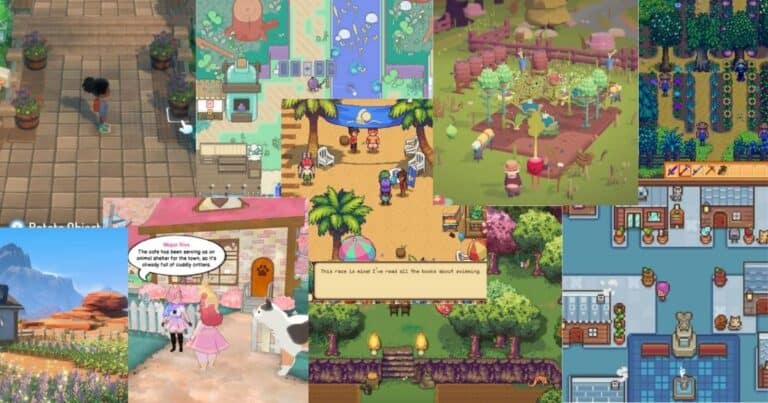 A collage of scenes from various farming and life simulation video games, featuring characters, animals, crops, buildings, and user interfaces.
