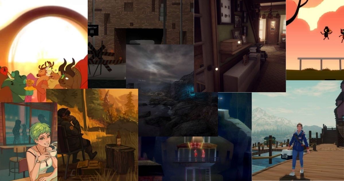 A collage of various video game scenes, featuring animated characters, landscapes, buildings, and indoor settings with diverse lighting and atmospheres.