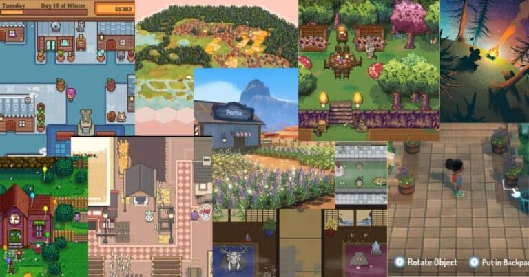 A collage of pixel art and illustrated scenes from various cozy video games, depicting interiors, gardens, shops, and outdoor landscapes.