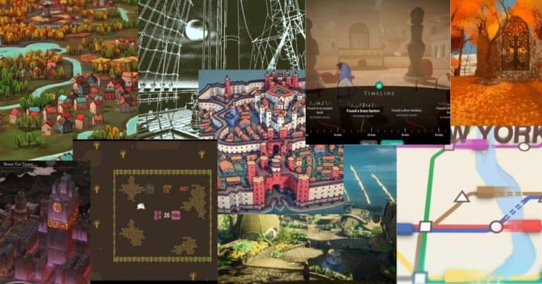 Collage of various video game maps and interfaces, featuring colorful cityscapes, fantasy worlds, navigation charts, and puzzle game elements in different artistic styles.