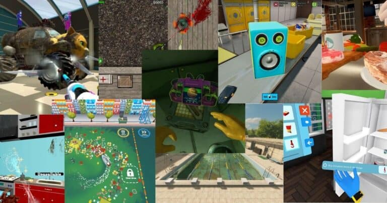 A collage of various video game screenshots displaying activities like cleaning, shopping, cooking, and first-person simulations with colorful and realistic graphics.
