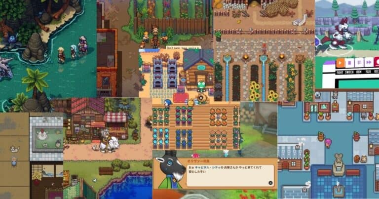 A collage of pixel art farming and life simulation video game scenes, featuring characters, animals, crops, and various farm settings.