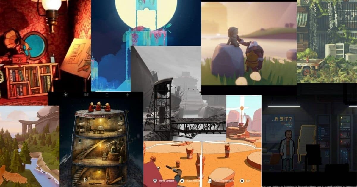 A collage of scenes from various indie video games, showing different art styles, environments, and characters in both indoor and outdoor settings.