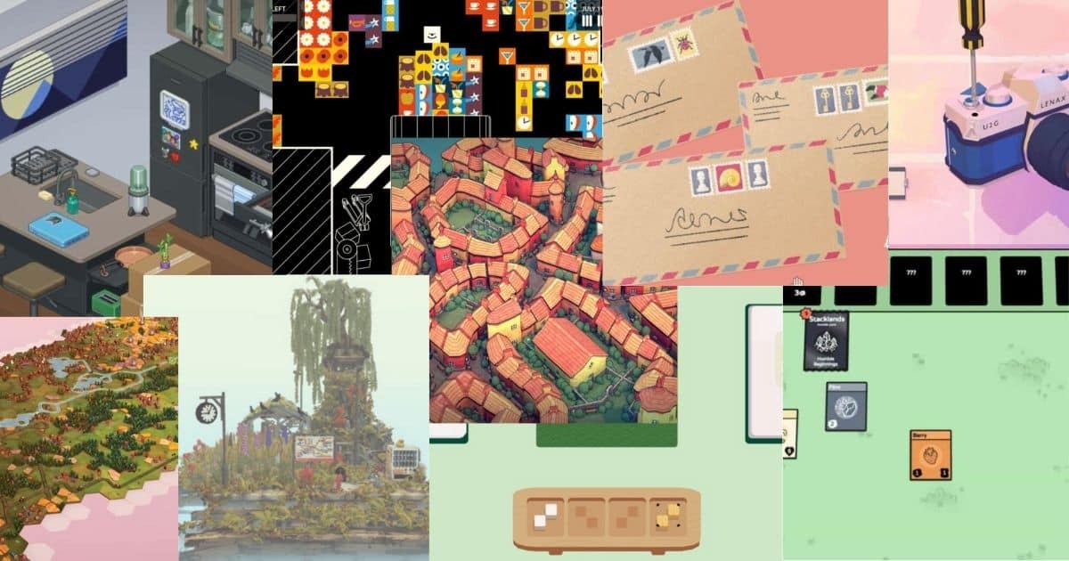 A collage of various isometric and top-down illustrated game scenes, featuring buildings, landscapes, letters, and electronic devices arranged in a grid.
