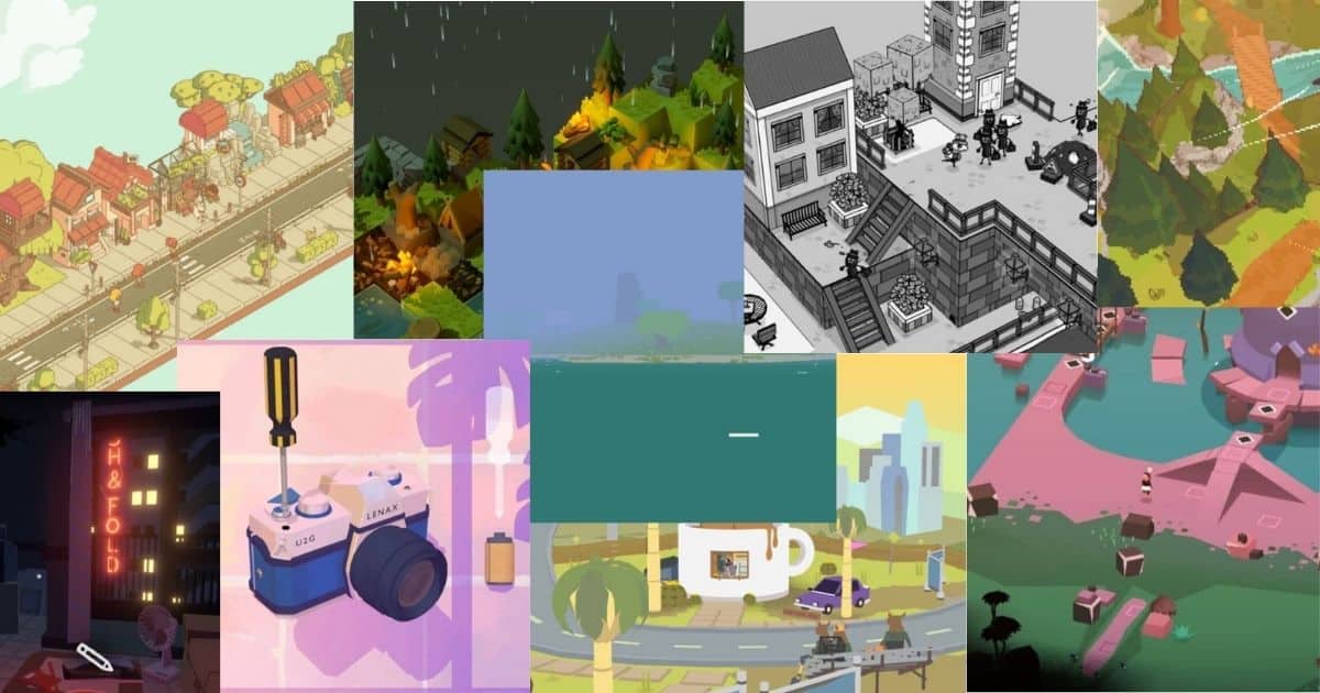 A collage of digital illustrations, including cityscapes, buildings, landscapes, a camera, a coffee cup, a screwdriver, and various stylized scenes from different perspectives.