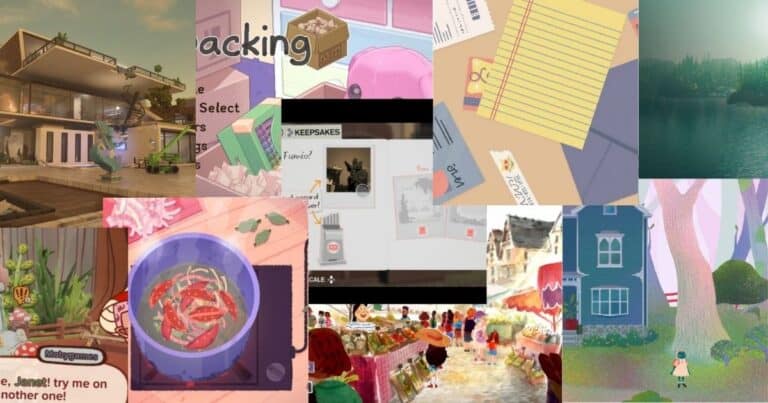 A collage of various video game scenes, including houses, landscapes, a market, a bowl of soup, paperwork, and game menus.