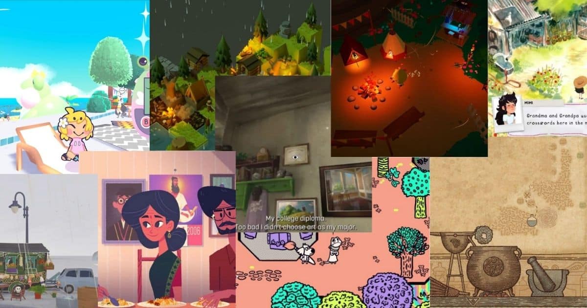 A collage of colorful scenes from various video games, featuring characters in outdoor, indoor, and fantasy environments with diverse art styles.