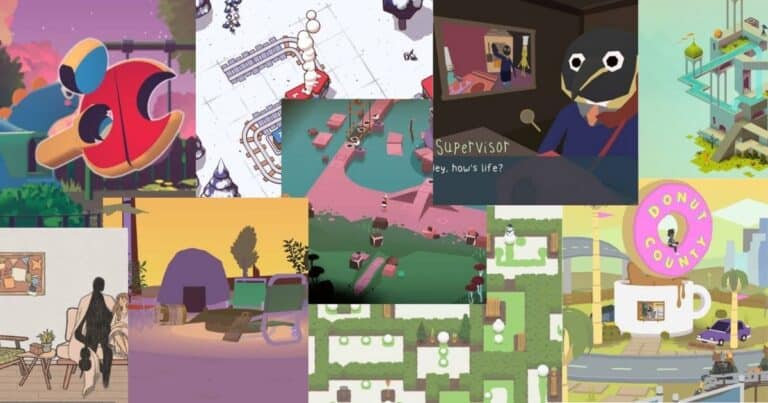 A collage of colorful, minimalist video game scenes featuring characters, buildings, nature, and abstract objects in various artistic styles.
