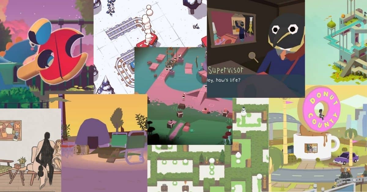 A collage of colorful, minimalist video game scenes featuring characters, buildings, nature, and abstract objects in various artistic styles.