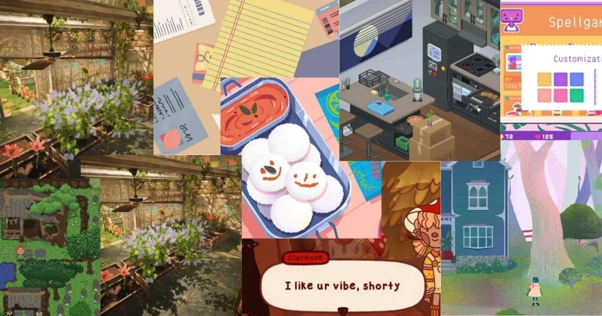 A collage of various cozy video game scenes, including kitchens, gardens, a bento box, color customization menus, and a character saying, "I like ur vibe, shorty.