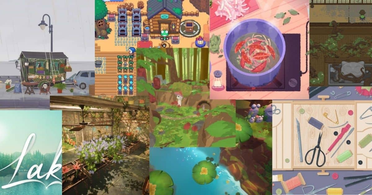 A collage of colorful scenes from various cozy simulation and crafting video games, featuring gardens, cooking, woodworking, and serene outdoor environments.