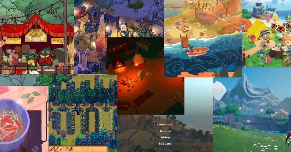 A collage of various colorful scenes from different cozy video games, showing markets, campsites, farms, boats, and vibrant landscapes.