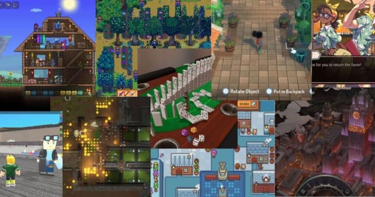 A collage of various video game screenshots, including simulation, adventure, puzzle, and role-playing games, with diverse environments, characters, and gameplay elements visible.