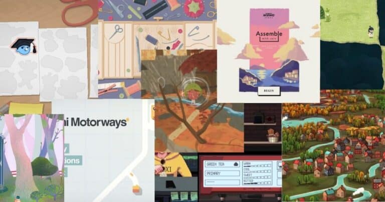 A collage of various indie game screenshots, featuring maps, landscapes, crafting tools, digital menus, and stylized illustrations.