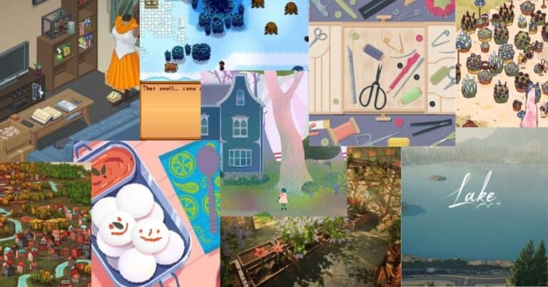 A collage of cozy and colorful video game scenes, including home interiors, crafts, food, nature, and village landscapes.