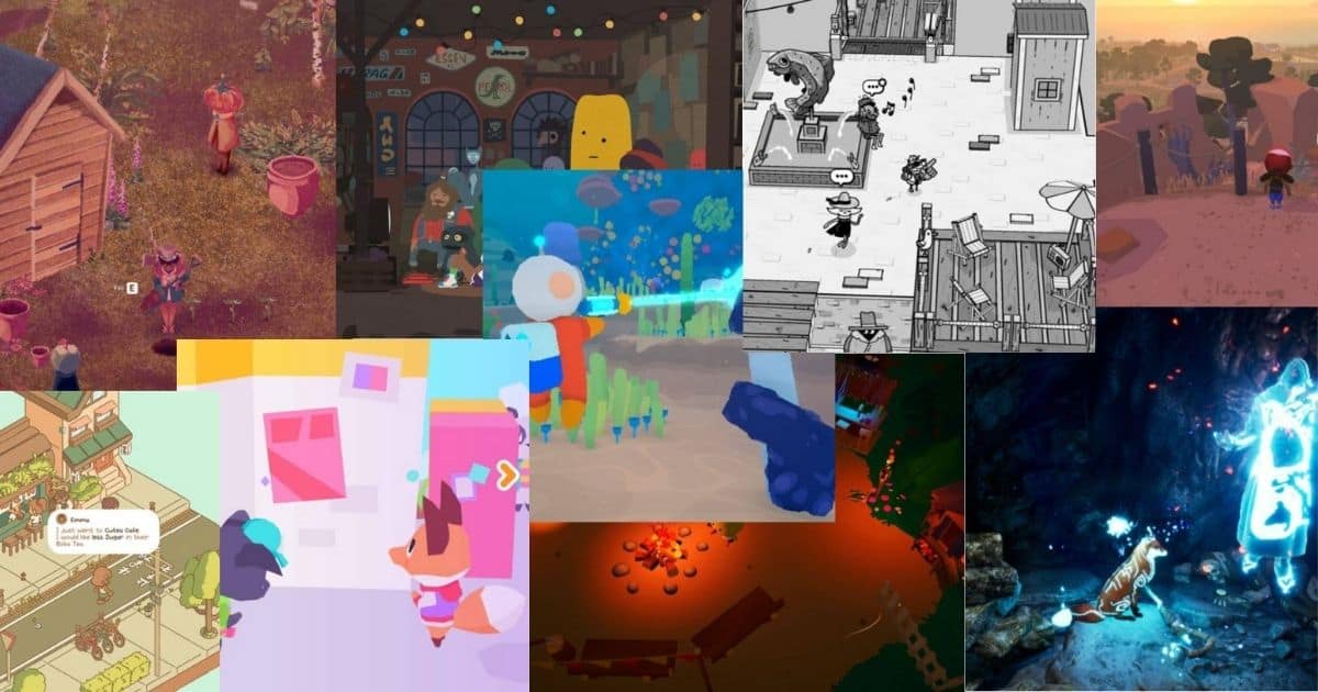 A collage of various video game scenes featuring anthropomorphic animal characters in different colorful and stylized environments.