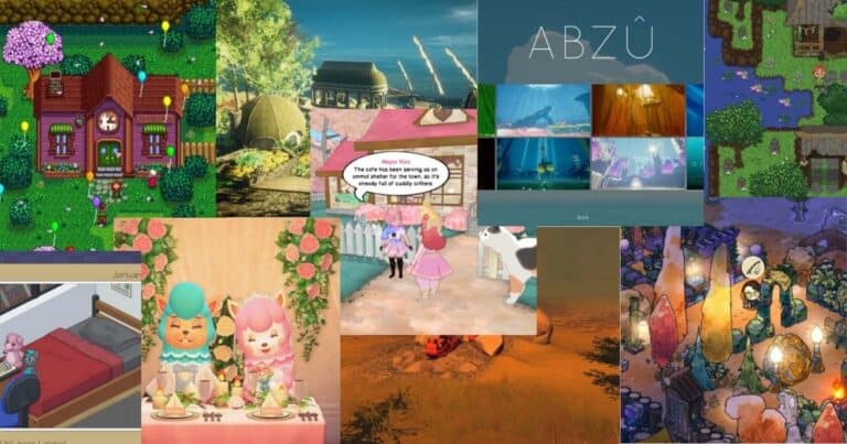 A collage of various cozy and colorful video game screenshots, featuring characters, homes, nature, underwater scenes, and peaceful environments.