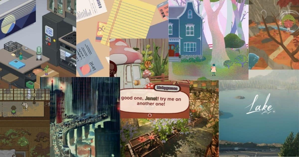 A collage of various video game scenes featuring different art styles, including indoor and outdoor settings, nature, buildings, and a lake view with the word "Lake" written on it.
