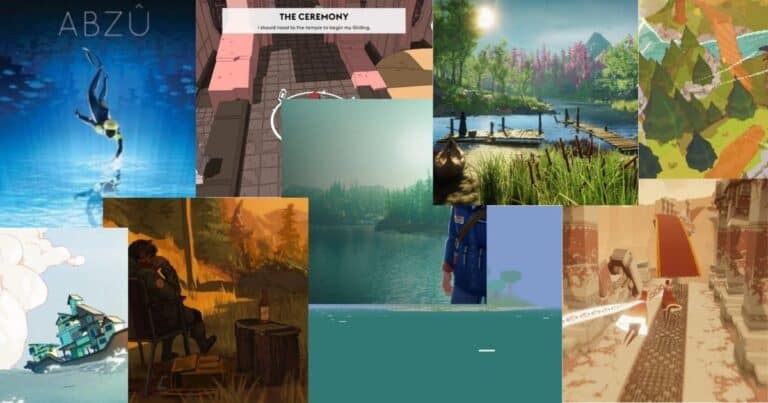 A collage of scenes from various video games, showcasing different environments including water, forests, docks, interiors, and natural landscapes.