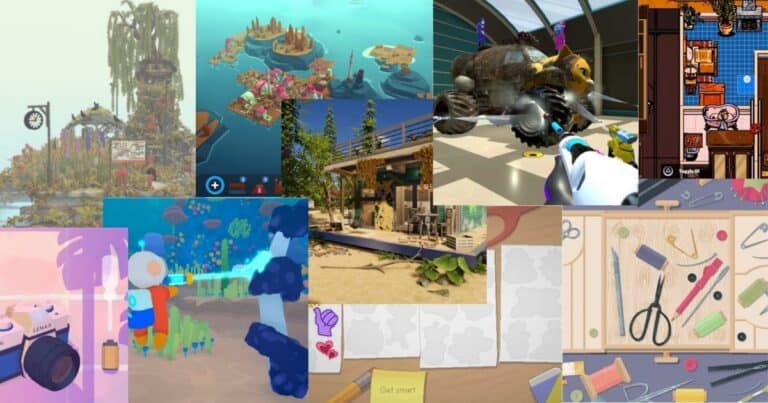 A collage of colorful game scenes featuring islands, a beach house, a floating car, crafting tools, a camera, and cartoon characters in various creative environments.