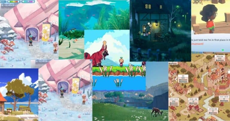 A collage of colorful game scenes, including underwater, snowy, forest, village, and map environments, with various characters, animals, and fantasy elements.