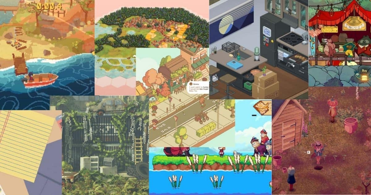 A collage of various pixel art and illustrated scenes, including landscapes, interiors, gardens, markets, and characters engaged in different activities.