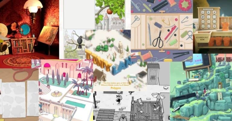 A collage of various colorful video game scenes, including indoor, outdoor, and crafting environments, with characters, tools, and landscapes depicted.