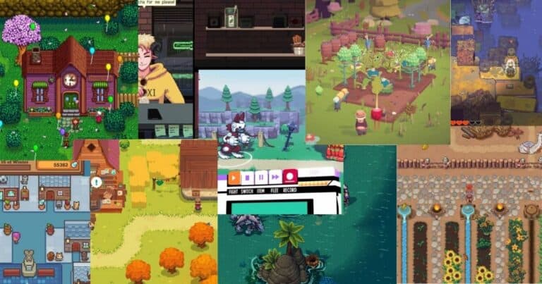 A collage of various pixel-art style video game scenes, featuring houses, farms, interiors, underwater areas, islands, and digital interfaces.