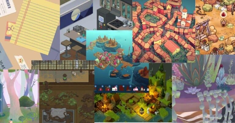A collage of various video game scenes, featuring city maps, nature, fantasy landscapes, interiors, and colorful plants in diverse art styles.