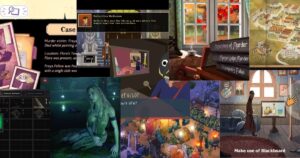 A collage of various cozy mystery video game scenes, featuring dialogue boxes, animated characters, and colorful backgrounds such as libraries, autumn windows, and outdoor settings.