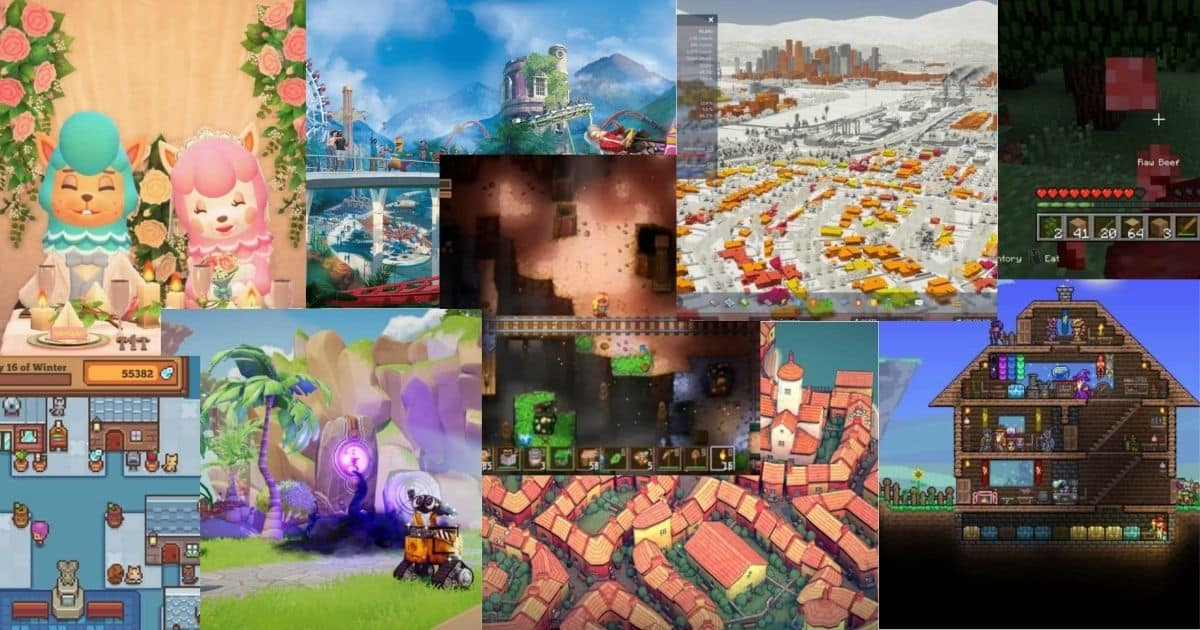 A collage of various video game screenshots, featuring different art styles including pixel art, 3D graphics, cityscapes, characters, and game interfaces.