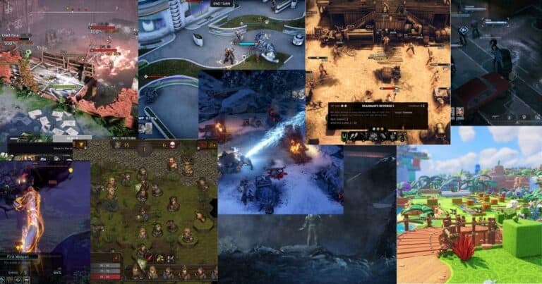 Collage of various isometric video game screenshots displaying different environments, characters, and gameplay scenarios, including battle scenes, menus, and outdoor landscapes.