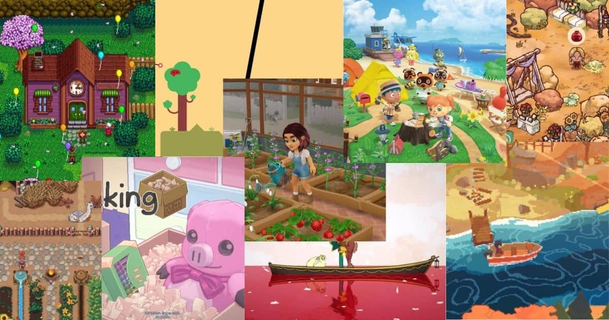 A collage of various farming and life simulation game scenes, featuring characters gardening, farming, selling goods, and exploring different colorful environments.