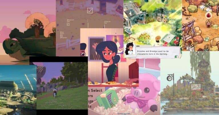 A collage of colorful video game scenes, including animated characters, landscapes, buildings, and various in-game interface elements.