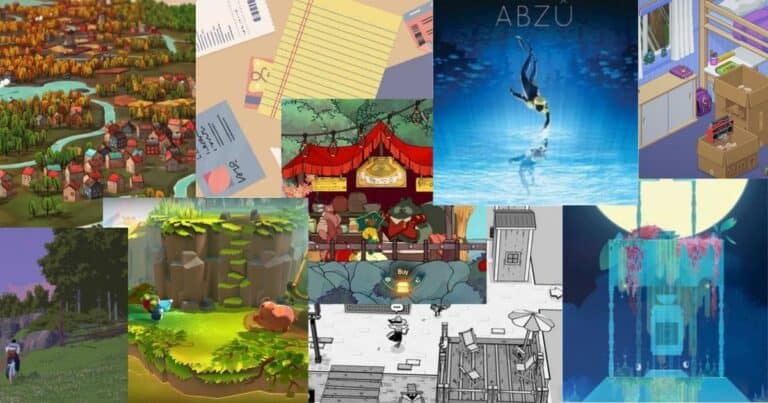 A collage of various video game scenes, including landscapes, underwater exploration, paperwork, boxes by a window, a stage, cartoon animals, and outdoor settings.