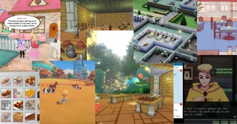 A collage of screenshots from various life simulation and farming video games, including characters, animals, buildings, and in-game menus.