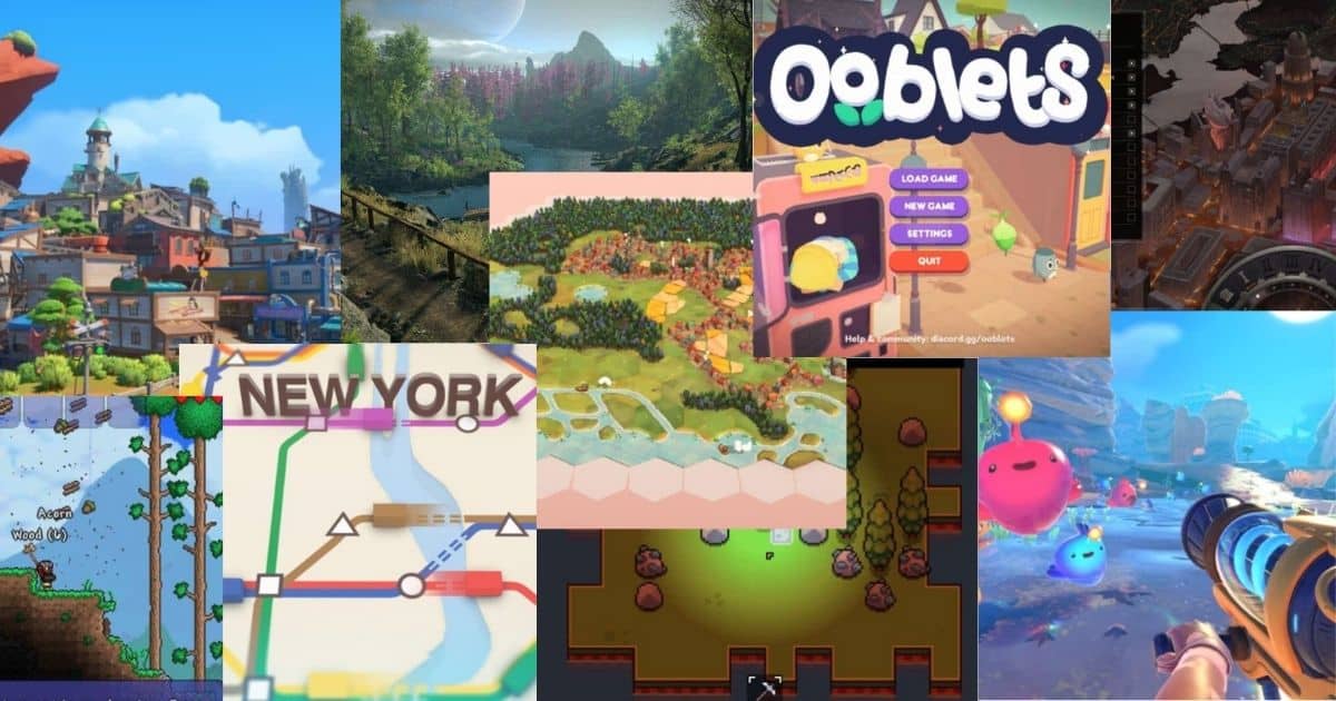 A collage of various colorful video game screenshots, featuring different art styles, landscapes, maps, and game interfaces.