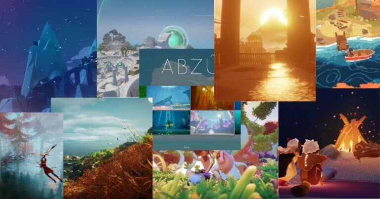 A collage of scenes from various video games featuring landscapes, stylized characters, campfires, mountains, and underwater settings.