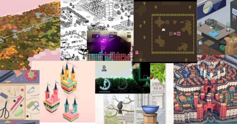 A collage of various game scenes and illustrations, including landscapes, castles, pixel art, digital platforms, crafting tools, and abstract graphics.