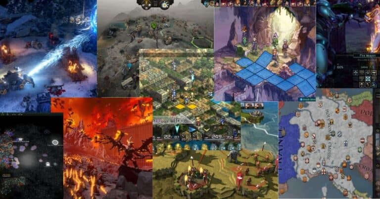 A collage of various turn-based strategy game screenshots, featuring battle scenes, maps, and character units in different environments and art styles.