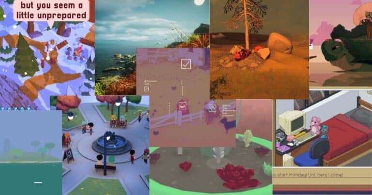 A collage of various video game scenes, featuring different art styles and settings, including nature, indoor spaces, and animated characters.