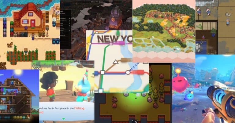 A collage of various indie video game screenshots, showing different art styles, maps, characters, and environments from games like Stardew Valley, Slime Rancher, and others.