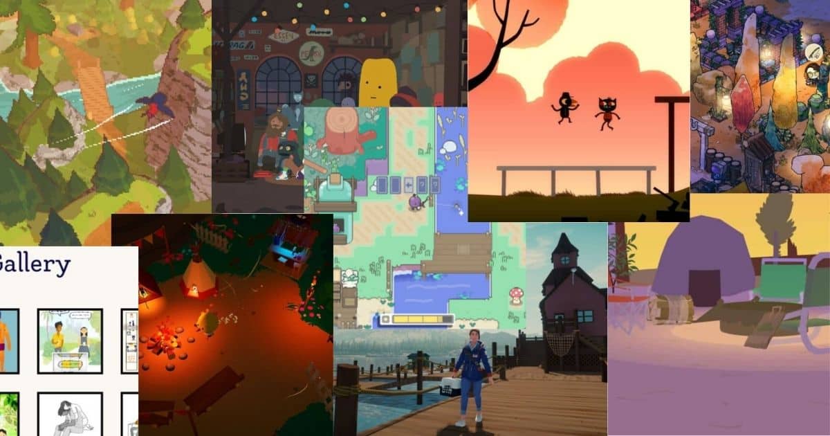 A collage of various video game scenes showing different art styles, including forests, characters, buildings, water, animals, and abstract environments.