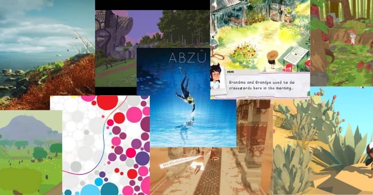 A collage of colorful scenes from various video games, featuring landscapes, underwater exploration, gardens, and stylized art elements.