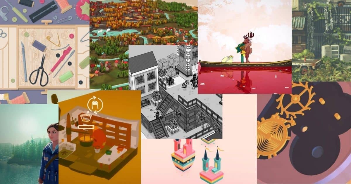 A collage of various digital art styles, including illustrations of landscapes, buildings, a character on water, gears, and crafting tools.