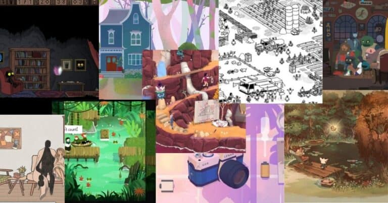 A collage of various illustrated scenes, including interiors, landscapes, animals, characters, and objects, each with distinct art styles and color palettes.