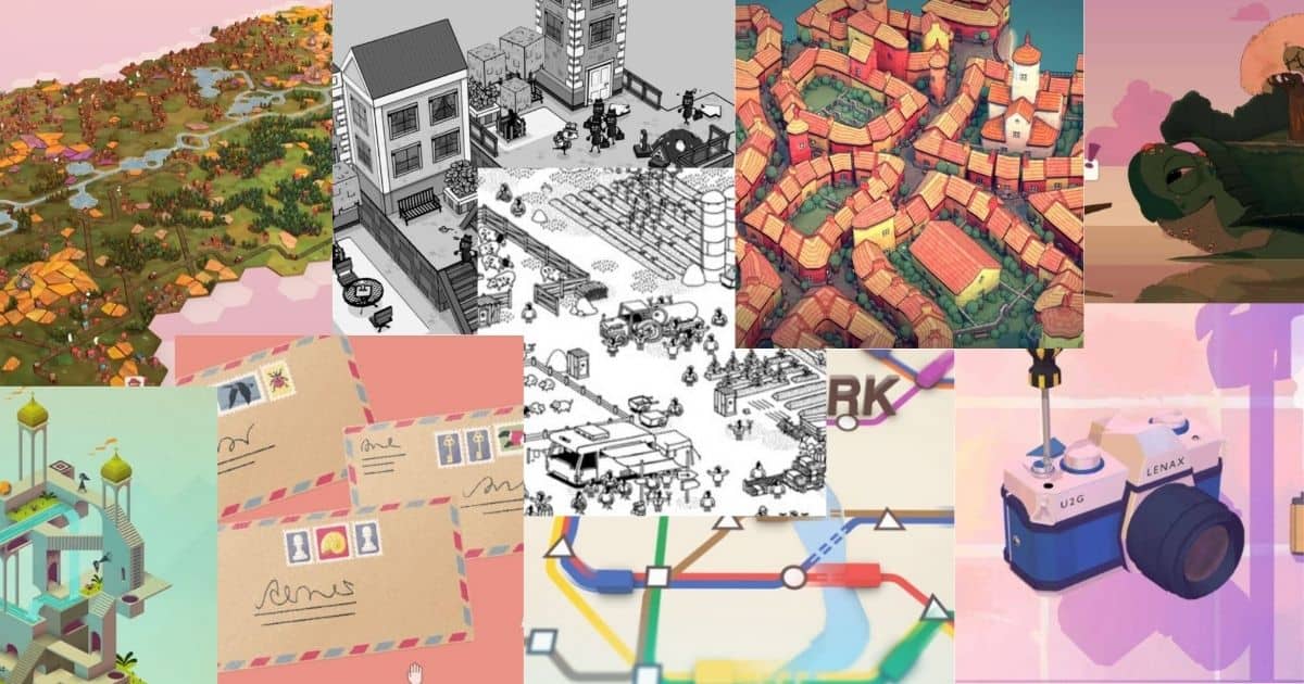 A collage of various illustrated game art styles, including maps, cityscapes, buildings, vehicles, letters, a map diagram, and a camera.