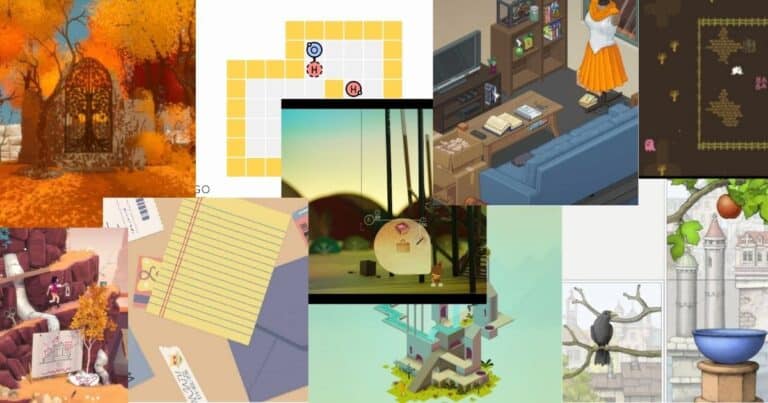 A collage of various video game scenes, including autumn landscapes, puzzles, a living room, a dress on display, and a castle with a large bird.