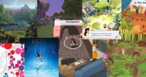 A collage of various video game scenes, including landscapes, characters, pixel art, underwater exploration, and colorful abstract designs.