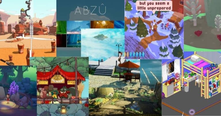Collage of various video game scenes featuring colorful landscapes, outdoor settings, animated characters, and different artistic styles.